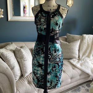 Thalia -Aqua print with black leather dress